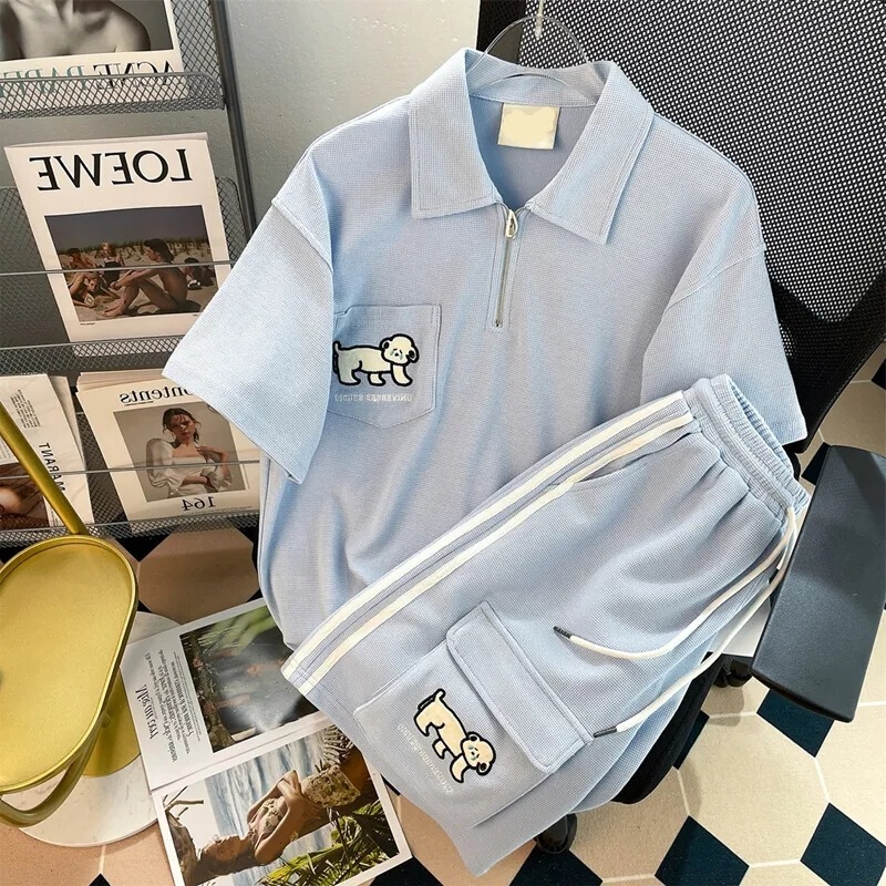 Foreign Trade Cross-Border Large Size Milk Waffle Polo Collar Short-Sleeved Shorts Suit Women's Summer Loose Casual Two-Piece Set