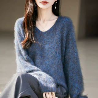 法式慵懒风V领拉毛花纱羊毛衫女显瘦针织上衣秋冬女装厚打底毛衣