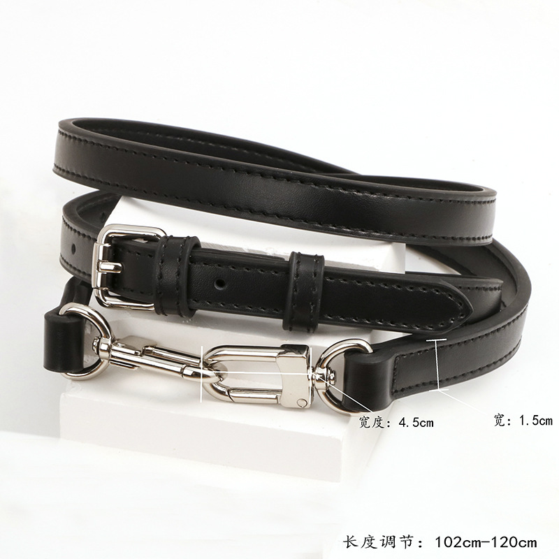 Premium cowhide plain black 1.5cm shoulder strap silver buckle