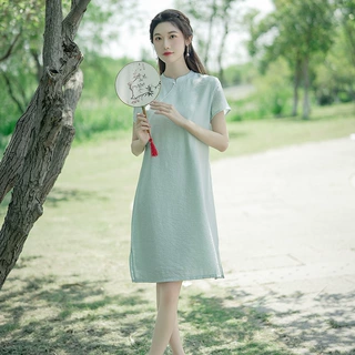 夏季年轻款改良旗袍连衣裙2023年文艺复古日常茶服天丝锦棉裙子女