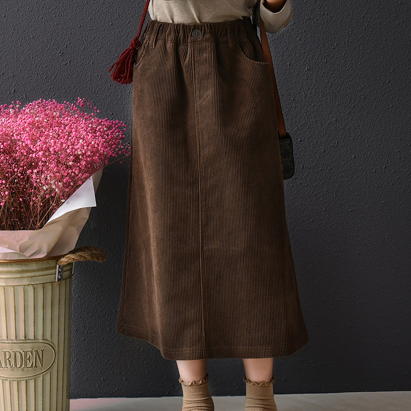 Falda de media longitud para niñas otoño e invierno para niños, falda cálida de pana de cintura alta retro para niños