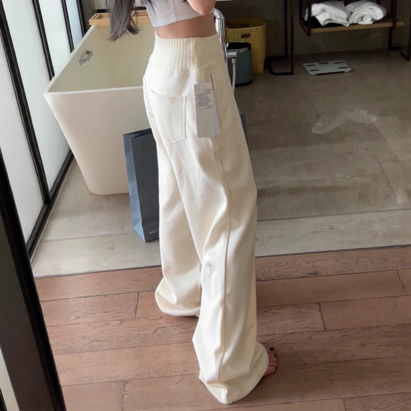 Kim Ji-Soo's Same Style Alo Knitted Splicing Wide-Leg Pants High-Waisted Autumn and Winter Casual Pants Sports White Women's Design