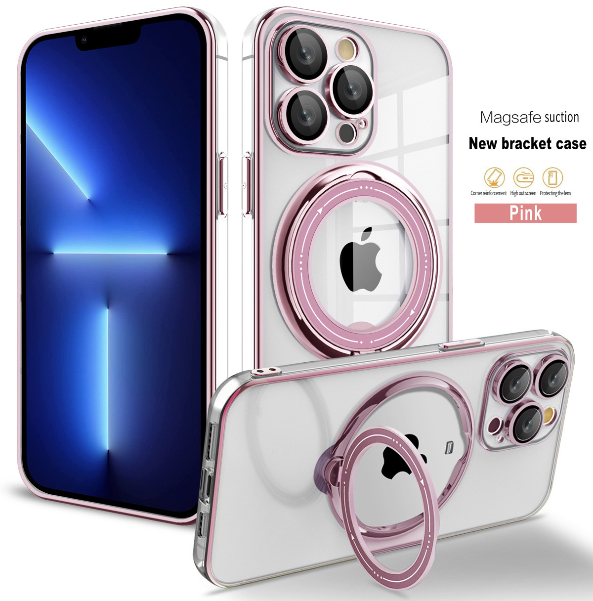Funda Protectora para iPhone 16 con Soporte Giratorio, Funda Magnética Transparente Galvanizada para Apple 15 Pro, Protección de Lente 3 en 1 para iPhone 14