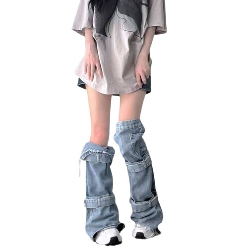 Denim leg covers hot girl subculture niche design stockings y2k personalized straps versatile pile socks trendy