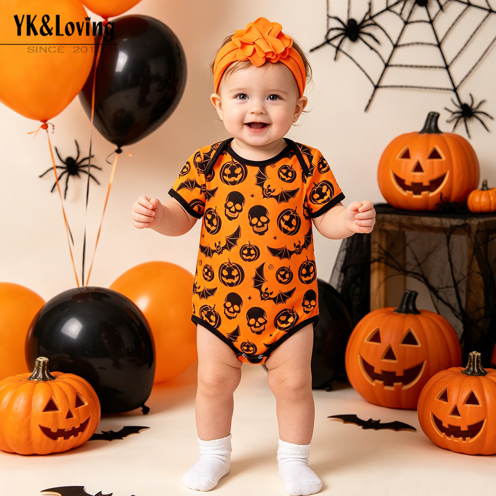 Halloween Baby Jumpsuit Printed Short-sleeved Bag Fat Clothes Hair Accessories 2-piece Set Newborn Baby Party Holiday Dress