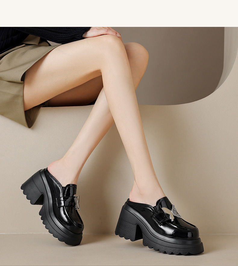Dép mule nữ gót cao đế bánh xốp mũi nhọn nơ đầu — Màu be, Màu đen chi tiết 10