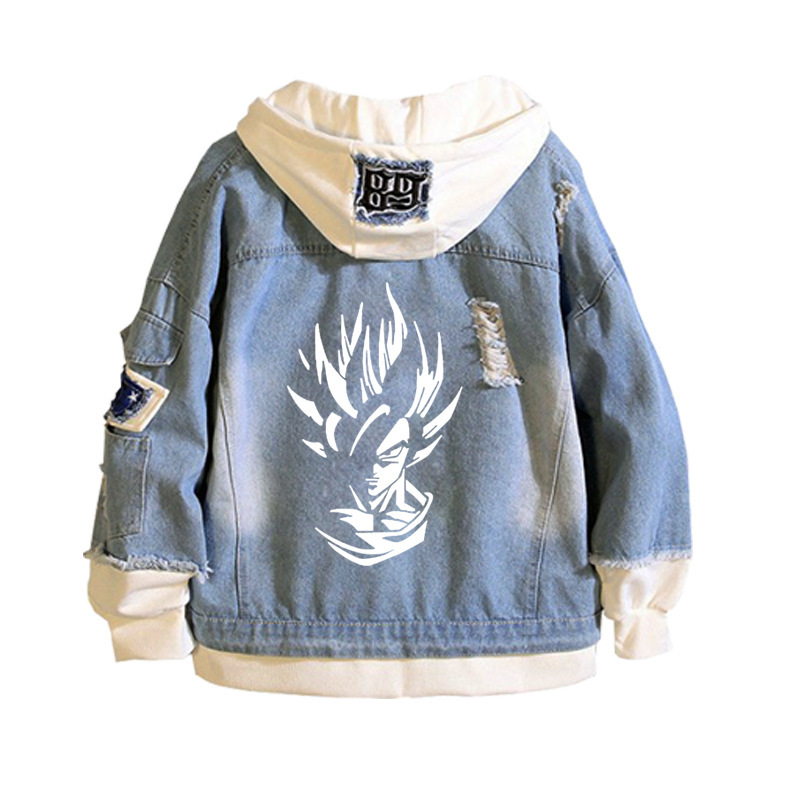 Cross-Border Dragon Ball Logo Merchandise Hoodie for Men, Spring and Autumn, Trendy Fake Two-Piece Denim Jacket, Loose Fit