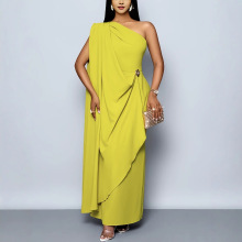 新款时尚高级感单肩飘带收腰礼服裙女长款气质晚宴派对年会连衣裙