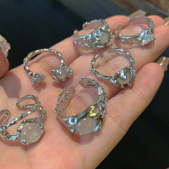 ins小眾設計冷淡風蛋白石開口戒指女高級感個性液態肌理褶皺指環