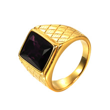 外贸饰品批发 个性复古金色宝石男女钛钢戒指  不锈钢长方形宝石