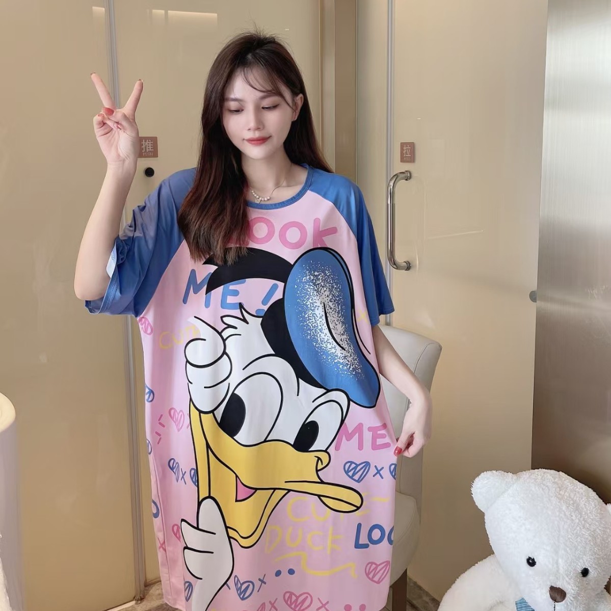 Spot falda de mujer viento perezoso talla grande camisón de mujer manga corta suelta y cómoda cuello redondo lindo vestido de casa con estampado de dibujos animados