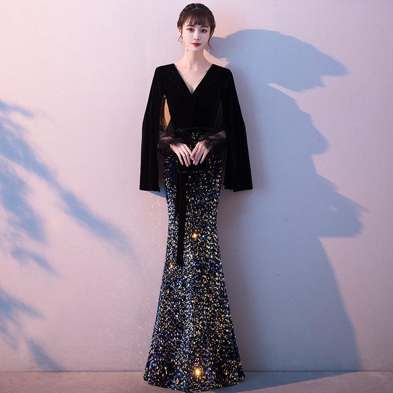 Black evening dress for women 2024 New elegant fishtail slim-fit long elegant annual meeting host banquet dress