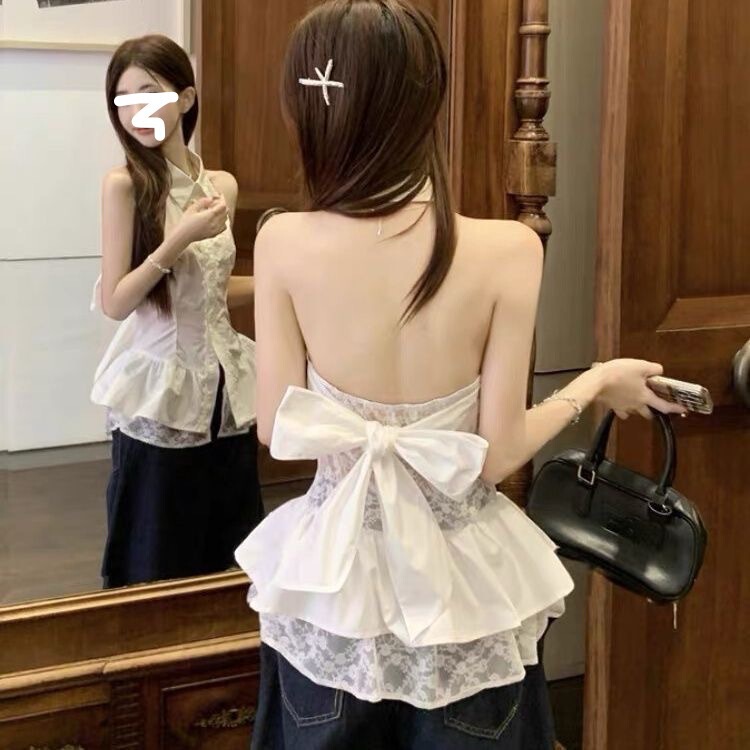 French White Sleeveless Neck Shirt Women's Summer Design Niche Unique Unique Lace Shirt Top French White Sleeveless Neck Shirt Women's Summer Design Niche Unique Unique Lace Shirt Top