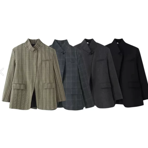 Cross-Border European and American Fashion Aliexpress Hot-Selling Plaid Stand-Collar Single-Button Long-Sleeve Pocket Casual Blazer