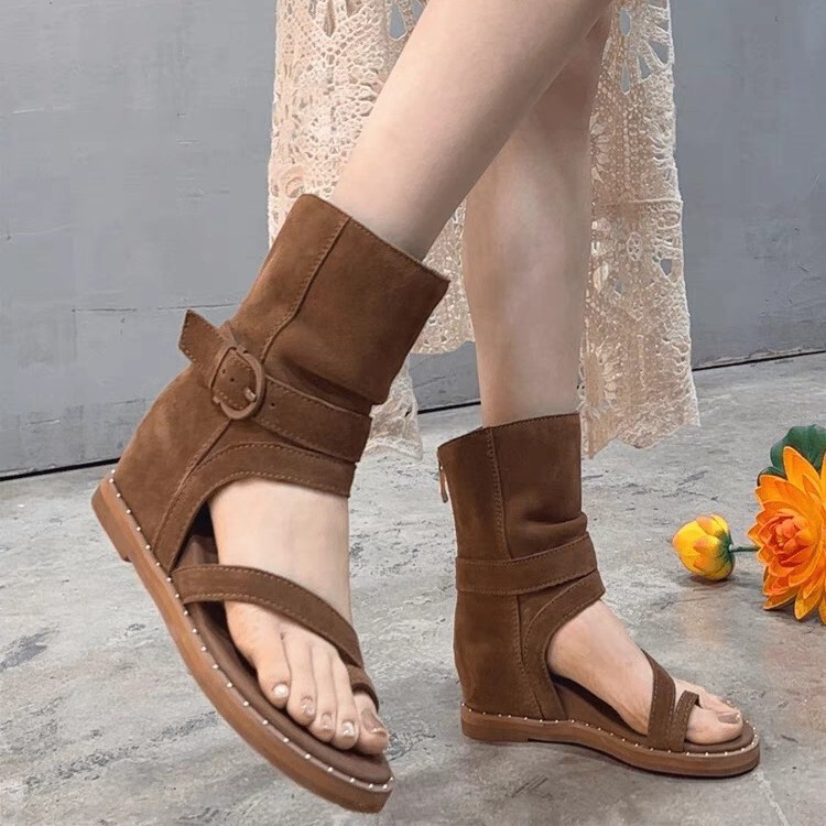 Women's Herringman Sandals 2025 Summer New Brown Wedge Heel Heel Heightened Rear Zipper Roman Sandals Western Boots