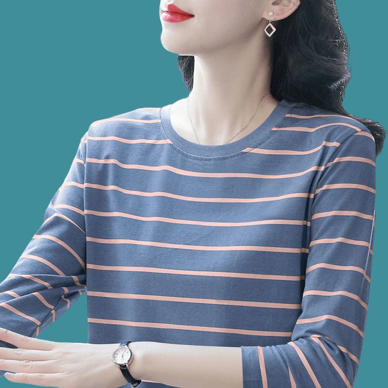 棉长袖恤女 新款秋衣外穿大码条纹上衣中老年人妈妈打底衫