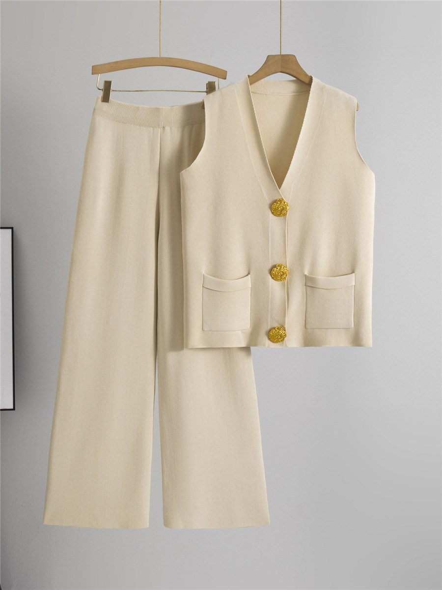 跨境2025夏季新款时尚两件套大纽扣V领针织背心休闲长裤针织套装
