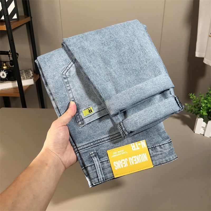 Jeans da uomo di colore chiaro slim fit alla moda, modello primavera e autunno, sottili, versione coreana, elastici, casual, versatili, con cuciture_voghion.com