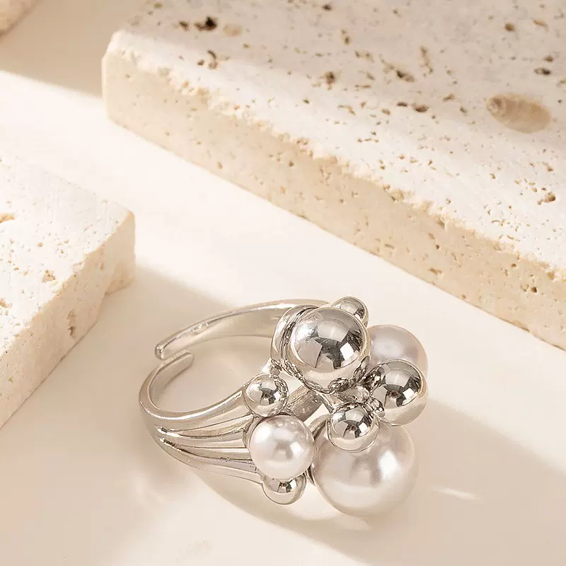 欧美跨境时尚精致镶珍珠可调节开口戒指轻奢小众高级感日常风手饰