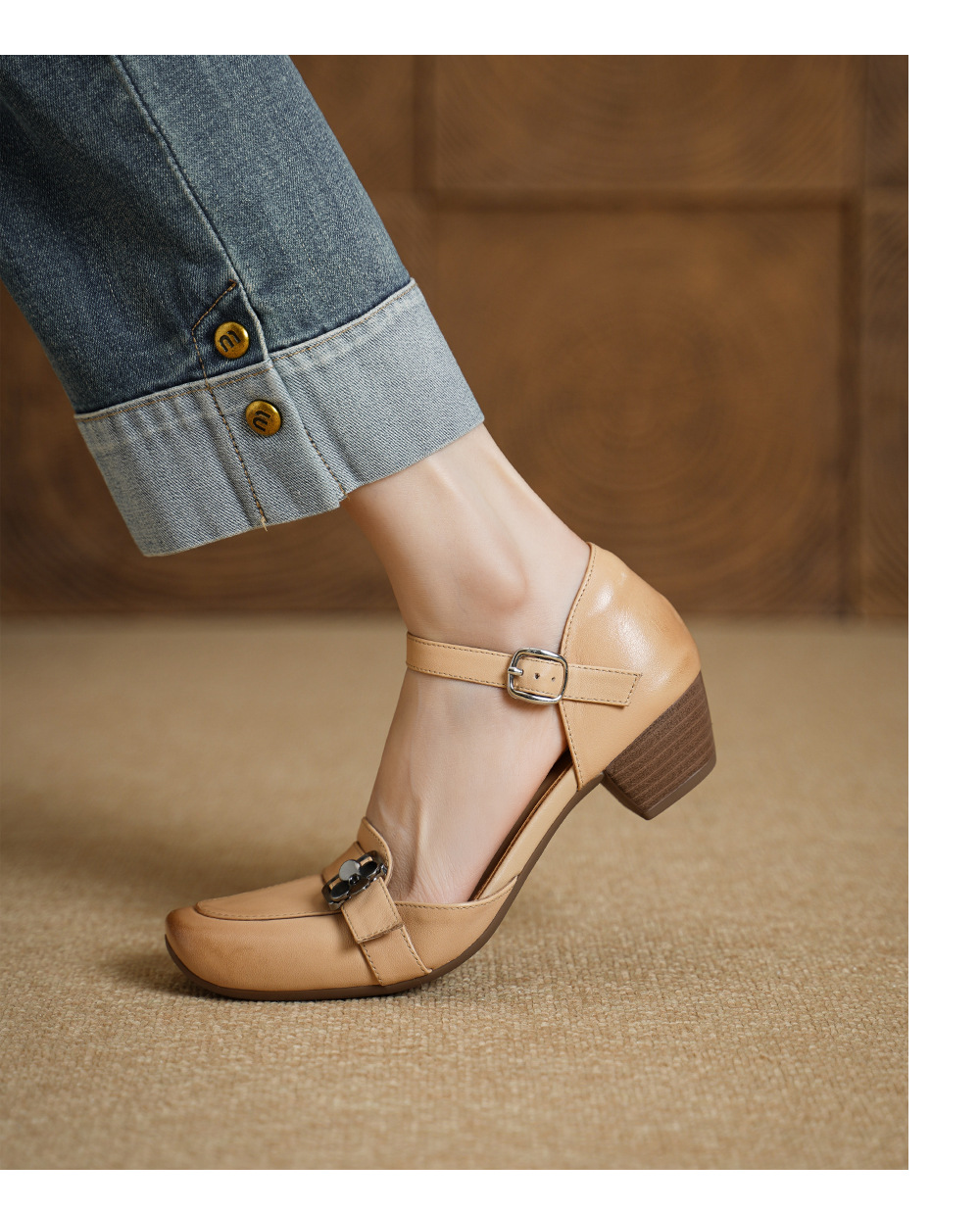 Sandal nữ gót thấp 3,5 cm đầu vuông quai ngang có khóa, phong cách thanh lịch — màu trắng ngà chi tiết 10