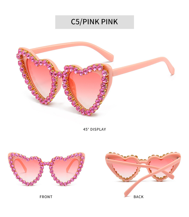 Lunettes de soleil pour homme en forme de cœur, couleur pêche, élégantes et printanières, protection UV, ornées de strass. Accessoire de mode de haute qualité._voghion.com