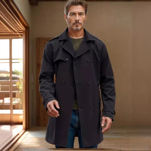 Fall/Winter Solid Color Western Long-Sleeve Trench Coat Men's Collar Slim Fit Double Breasted Casual Jacket