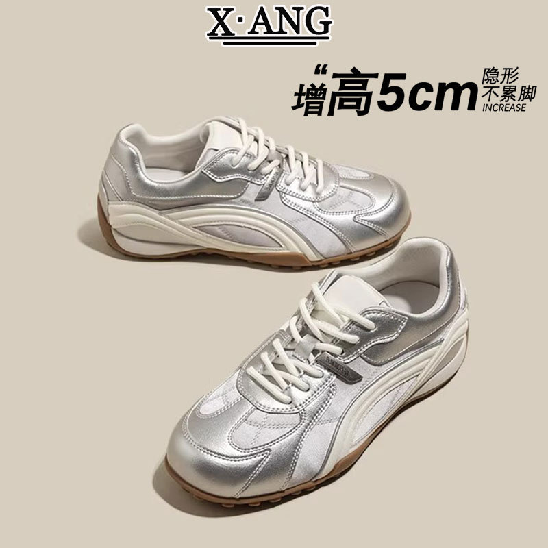 Genuine Leather Lace-Up Silver-Colored Height-Increasing German Training Shoes for Women, 2026 Spring/Summer New Casual Sports Shoes, Racing Shoes Genuine Leather Lace-Up Silver-Colored Height-Increasing German Training Shoes for Women, 2026 Spring/Summer New Casual Sports Shoes, Racing Shoes