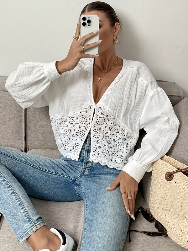 Women's Elegant Semi-Sheer Lace Contrast Color V-Neck Top - Loose Long Sleeve Shirt, Suitable for Casual and Formal Wear Women's Elegant Semi-Sheer Lace Contrast Color V-Neck Top - Loose Long Sleeve Shirt, Suitable for Casual and Formal Wear