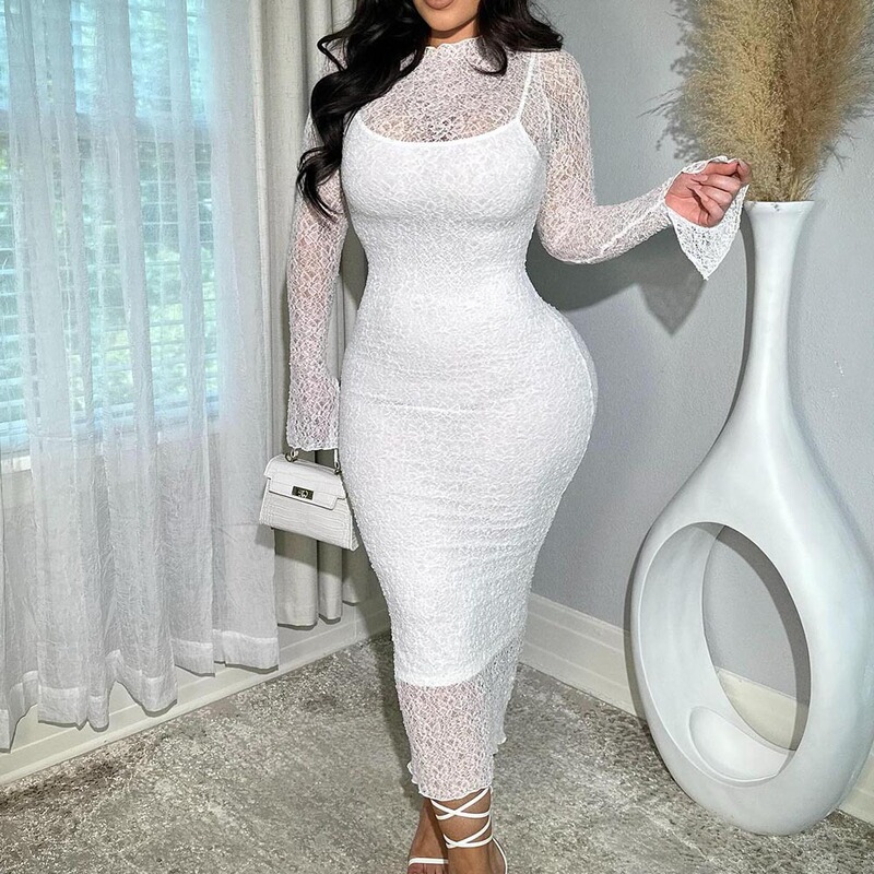 Amazon's Popular Cross-Border Women's Clothing Winter Lace Sexy See-Through Hollow-Out Hot Girl Lined Long-Sleeve Suit Dress