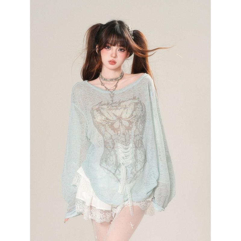 ミントグリーンの微透けレース日焼け止めブラウス女性の夏ルーズ痩身蝶プリント長袖 Tシャツ薄手のトップ|undefined