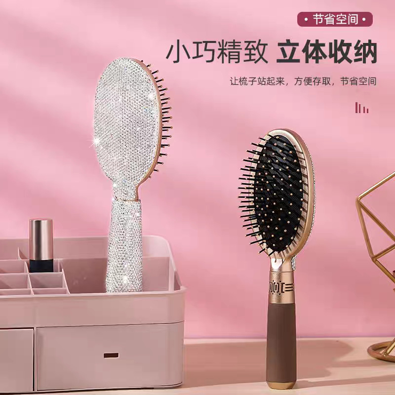 Alto aspecto champán diamante incrustado placa grande peine para las niñas, el hogar no duele el pelo masaje cojín de aire peine ins peluquería peine del pelo