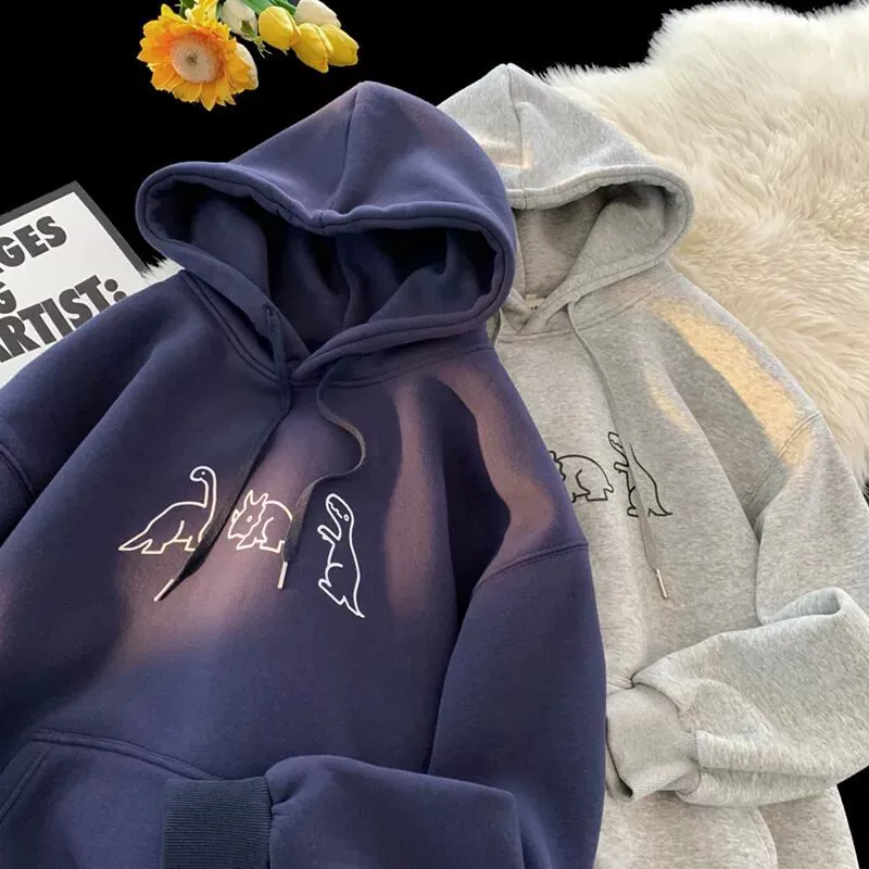 Серебряная лисица плюшевая страна прилив ретро динозавр с принтом пальто топ мужской осень и зима ветер дикий свободный свитер с капюшоном