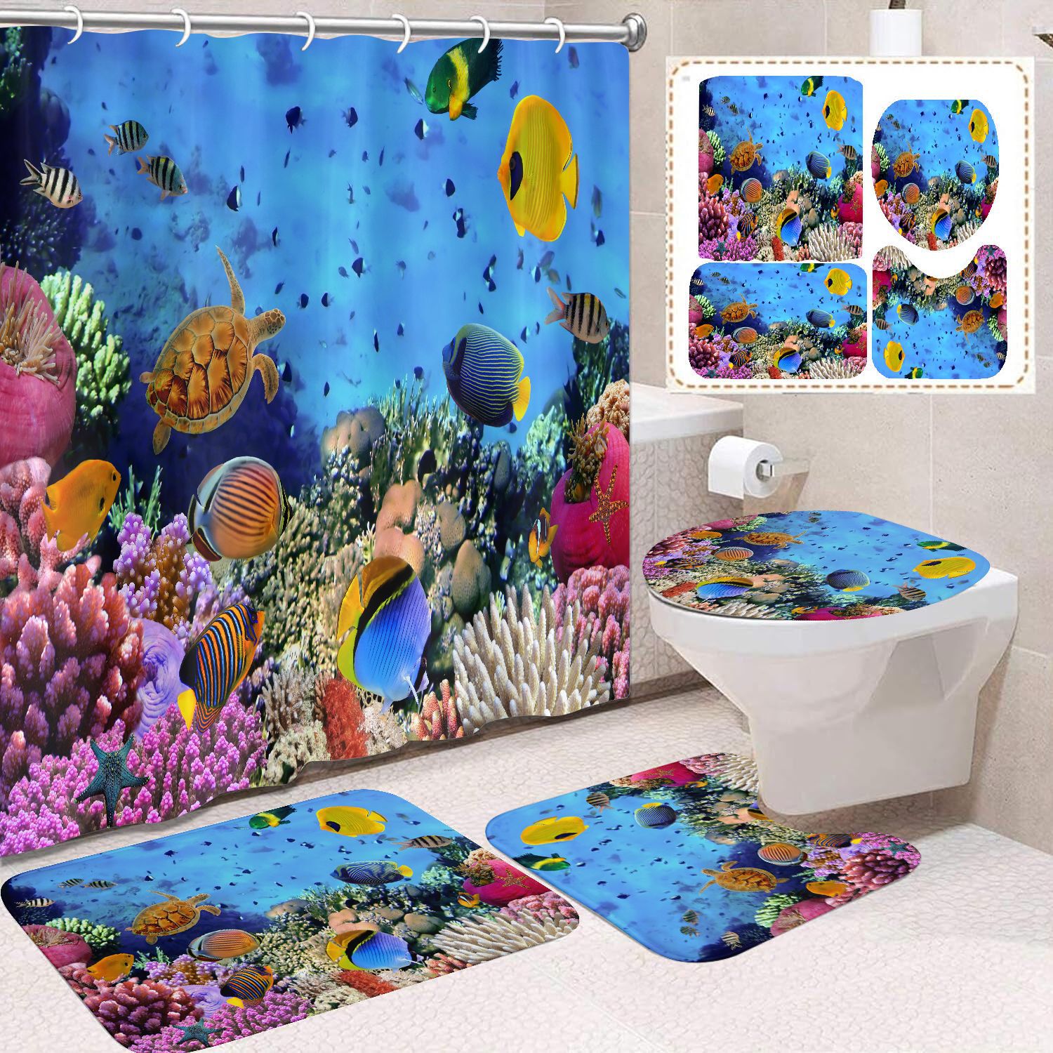 Cortina de ducha transfronteriza con diseño de delfines azules, estampada digitalmente, de poliéster, sin perforaciones, para baño, decoración del hogar image 25