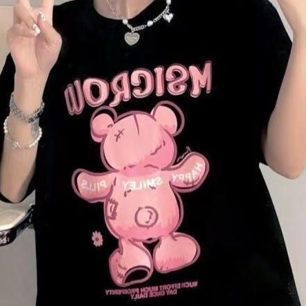 Women's Summer Korean Fashion Loose Cartoon Cotton O-Neck Short Sleeve T-Shirt Women's Clothing Casual Full Matching Printed Top