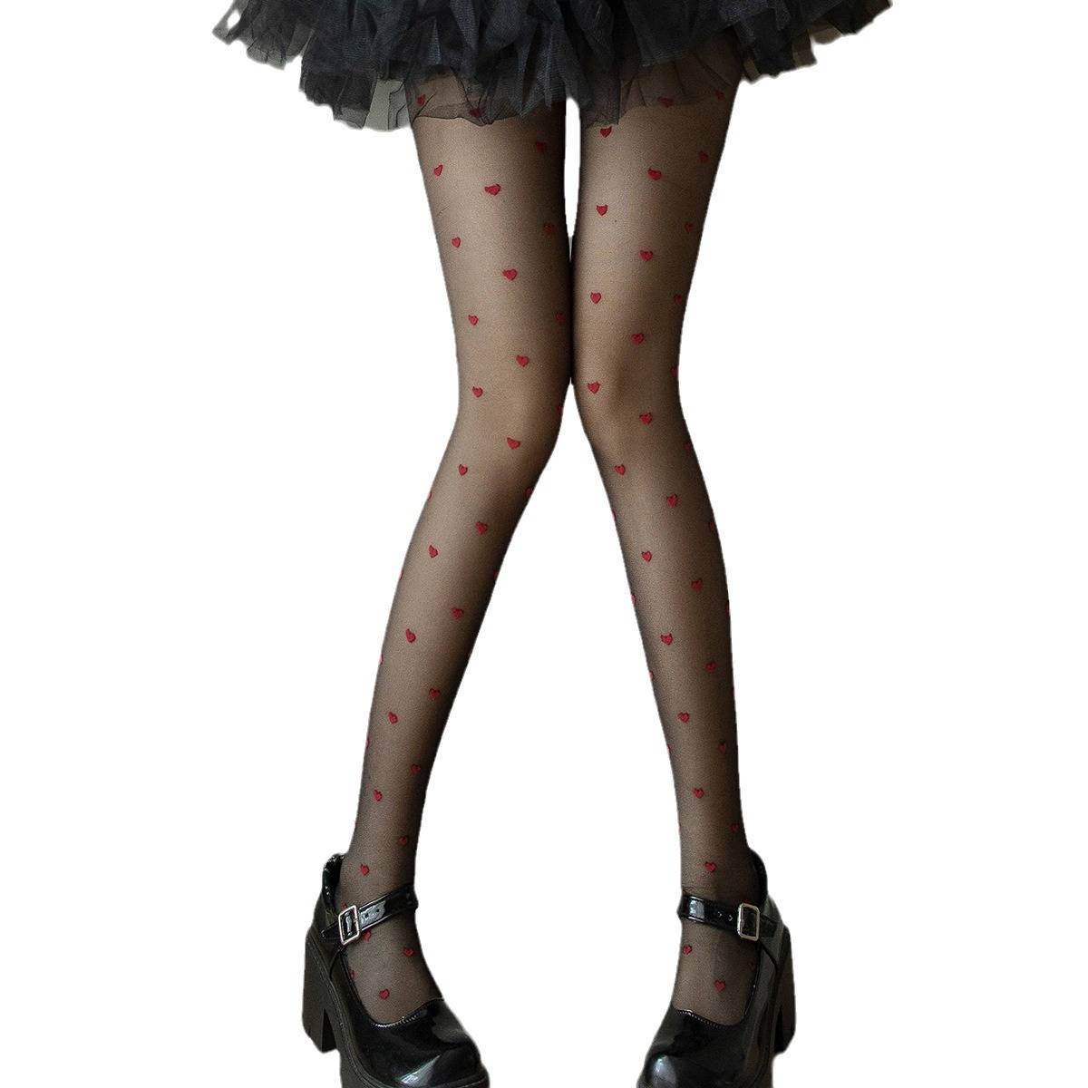 2022 Venta caliente rojo pequeño amor jacquard corazón envuelto medias sexy pierna adelgazante transparente negro pantimedias