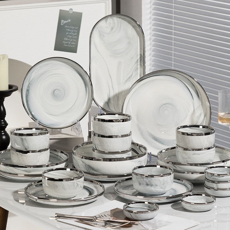 Light Luxury Tableware Bowl and Dish suit High-end Sense 2024 New Marble Bowl and Dish Household Chopsticks and Dish Combination Housewarming