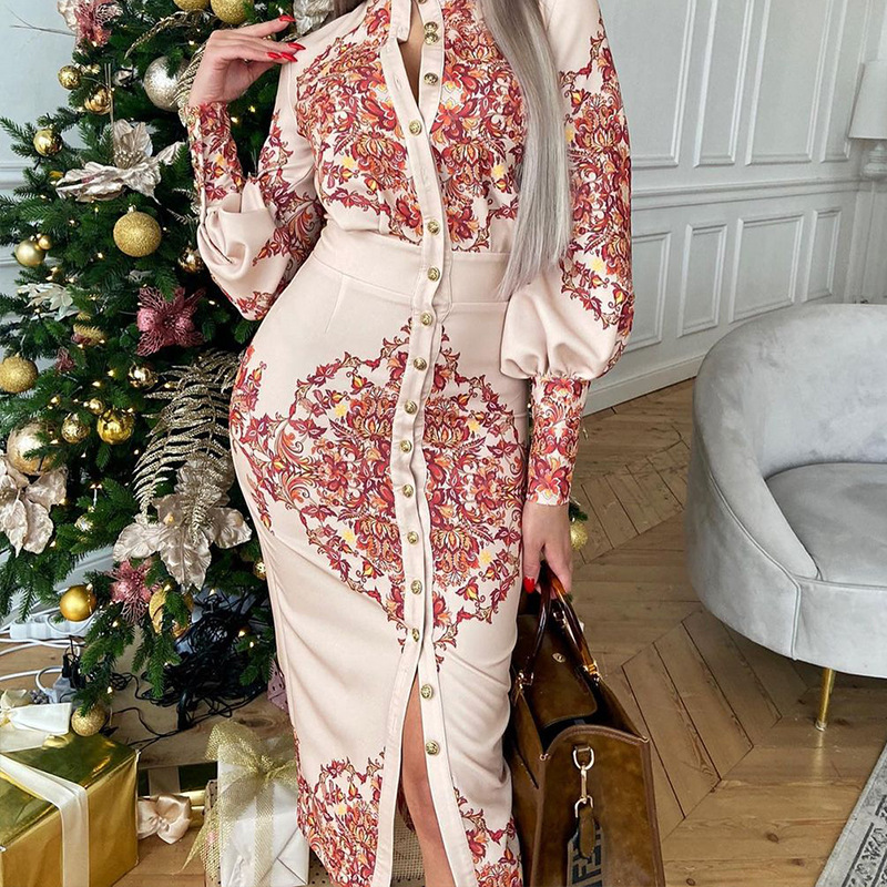 Women's Printed Stand Collar Dress With Long Sleeves For Women_voghion.com