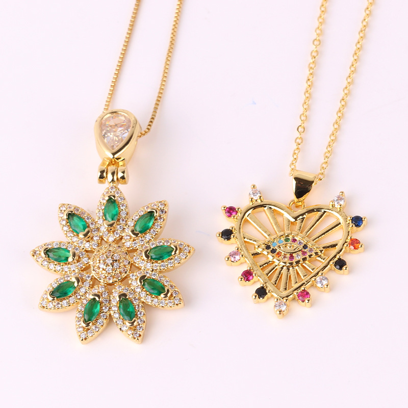Fashion Devilu0027S Eye Heart Shape Flower Copper Gold Plated Inlay Zircon Pendant Necklace