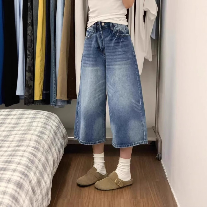 American Retro Washed Straight-Leg Jeans for Women, 2026 Summer Thin Style, Plus-Size High-Waisted Loose Slimming Cropped Pants