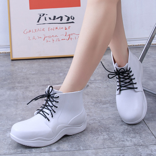 Women's Fashion Rain Boots, Outer Wear, Soft Sole, Slip-Resistant, Waterproof Work Water Shoes with Laces, Height Increasing, Durable Thick Soles, Short Boots