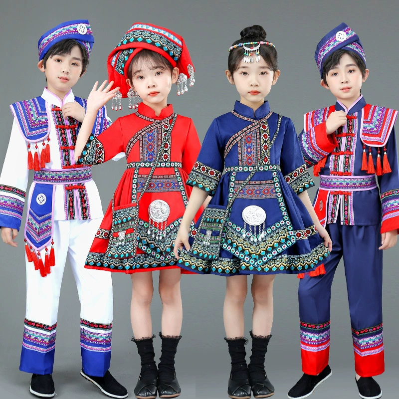 Детская одежда Zhuang Guangxi March для мальчиков и девочек, Одежда для танцев меньшинств Yao Miao Zhuang, одежда для выступлений
