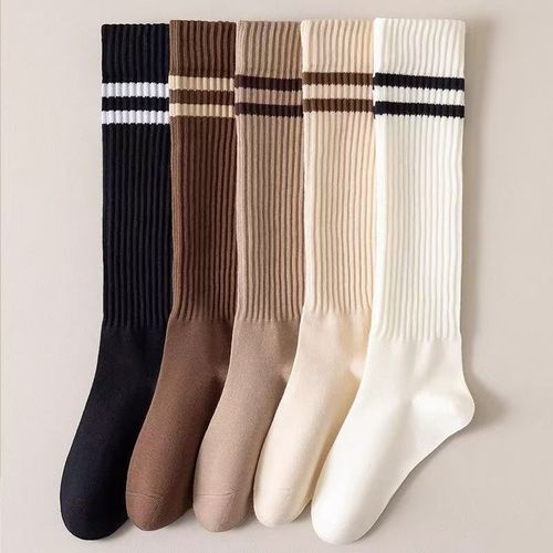 Spring calf-length socks for women, slimming and lengthening tights—Japanese-style JK-inspired summer high-tube socks with pressure stripes.