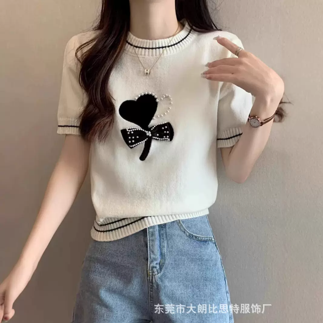2025设计感夏季小香风蝴蝶结撞色针织衫女减龄短袖t恤百搭上衣女