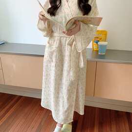 米白绿碎花纯棉双纱长款系带睡袍女宽松春秋居家睡眠家居服批发