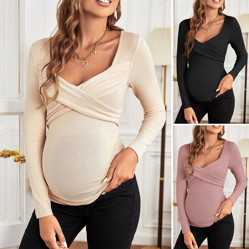 2025 Cross-Border Exclusive Supply for Amazon, Best-Selling Maternity Wear, Cross-Wrap Long-Sleeve Ribbed Deep V-Neck Nursing Top