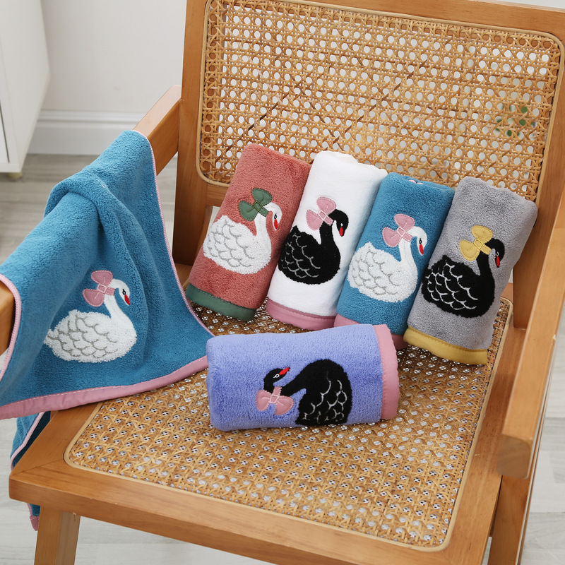 New coral fleece swan couple style towel with wide edges, ins-style embroidery, soft and skin-friendly, absorbent gift bath towel