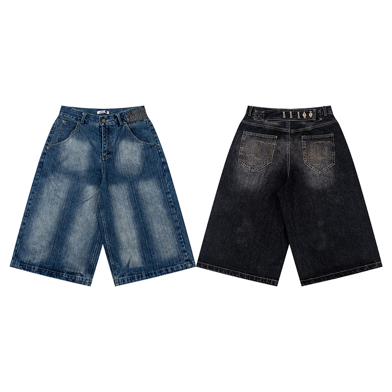 Unisex Vintage Paris Buckle Denim Capri Pants With Bamboo-Joint Wash, Relaxed Fit Over-Knee Shorts For Summer_mkmklike.com