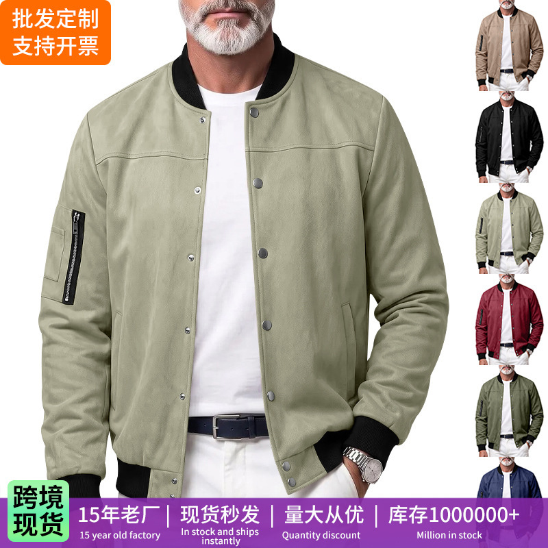 2026 Cross-Border Men's Faux Suede Aviator Jacket with Ribbed Cuffs, Snap Buttons, Baseball Collar, Multi-Color Casual Coat 2026 Cross-Border Men's Faux Suede Aviator Jacket with Ribbed Cuffs, Snap Buttons, Baseball Collar, Multi-Color Casual Coat