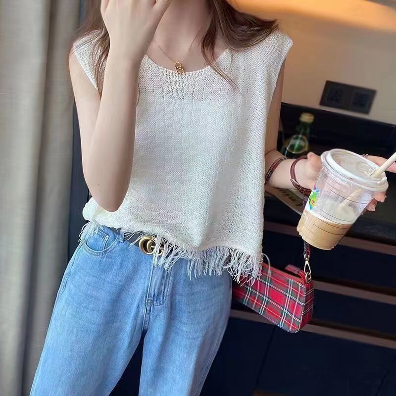Summer Women's Fashion Thin Sleeveless Vest 2025 Korean Version Cross-Border New Design Tassel Knitted Vest for Women