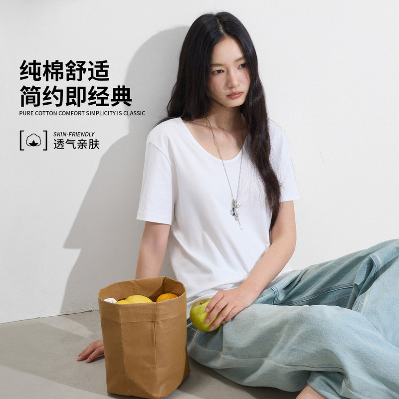 2026 New Style Right-Shoulder U-Neck Pure Cotton Short-Sleeved Tops for Women Summer Loose T-Shirts Women's Summer High-End Tops 2026 New Style Right-Shoulder U-Neck Pure Cotton Short-Sleeved Tops for Women Summer Loose T-Shirts Women's Summer High-End Tops